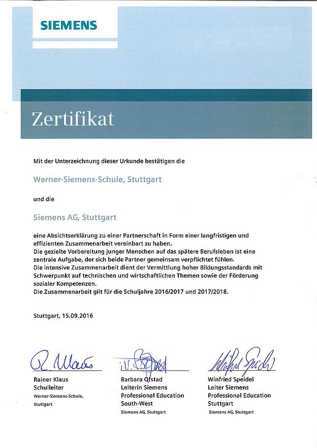 Kooperation mit der Siemens AG: Zertifikat bis Juli 2018 des Partnerschulprogrammes